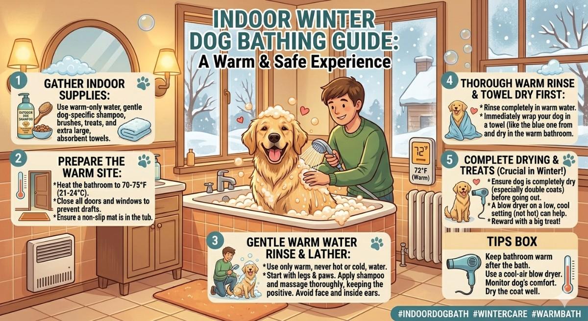 dog bathing in winter indoor warm environment