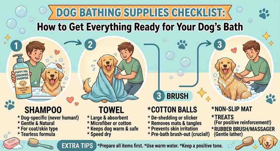 dog bathing supplies checklist shampoo towel brush