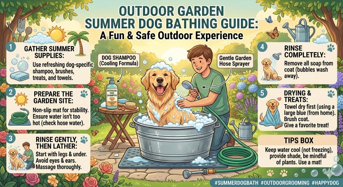 bathing dog in summer outdoor garden